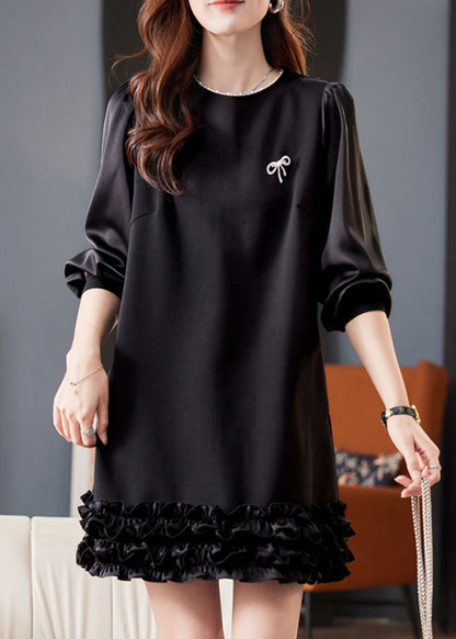 Black O Neck Pearl Ruffled Cotton Mid Dress Spring