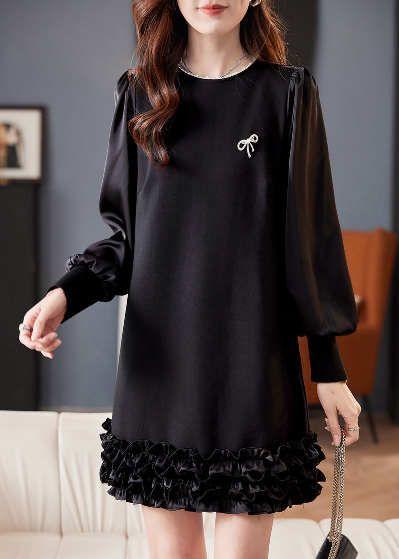 Black O Neck Pearl Ruffled Cotton Mid Dress Spring