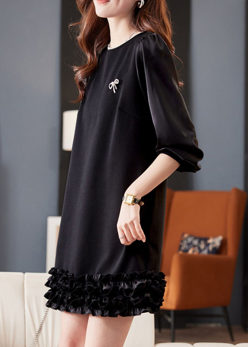 Black O Neck Pearl Ruffled Cotton Mid Dress Spring