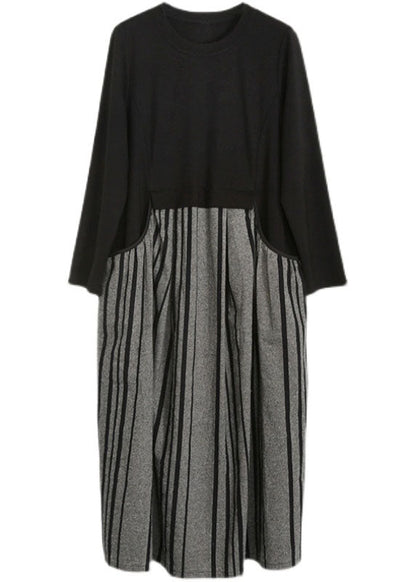 Black O-neck Pockets Striped Patchwork Linen Holiday Dress Long Sleeve