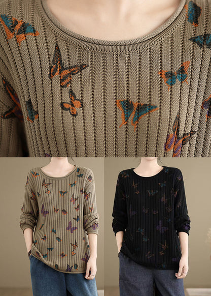 Black O Neck Print Cotton Knit Sweaters Spring