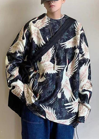 Black O Neck Print Cozy Knit Sweaters Spring