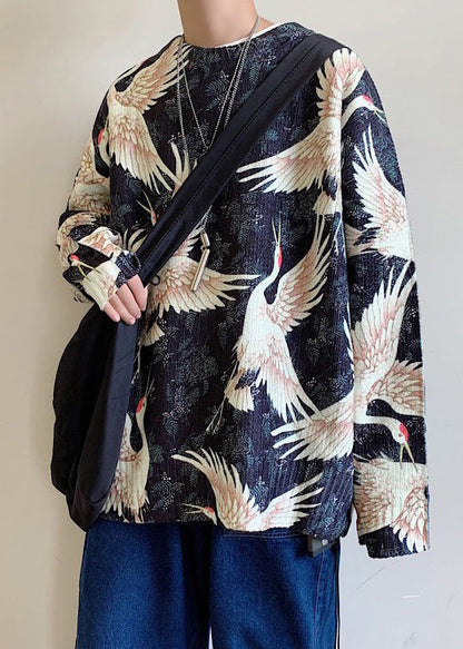Black O Neck Print Cozy Knit Sweaters Spring