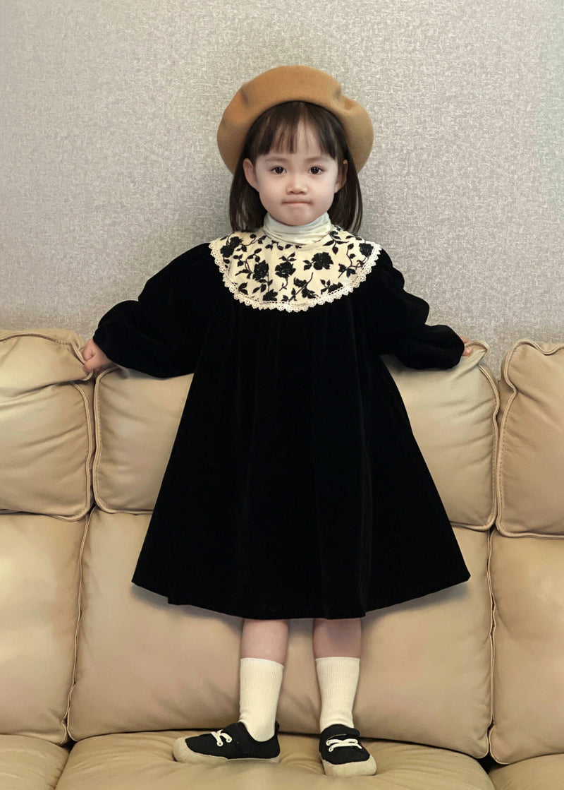 Black O Neck Print Wrinkled Velour Baby Dress Fall