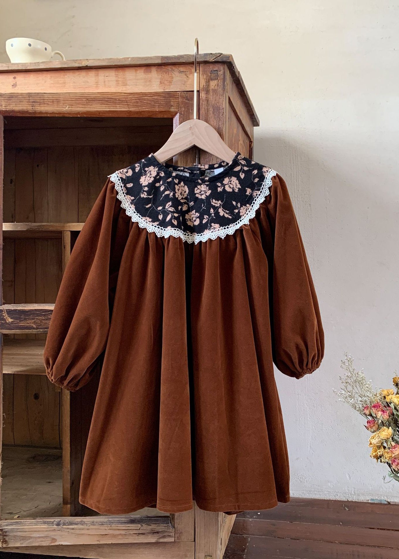 Black O Neck Print Wrinkled Velour Baby Dress Fall