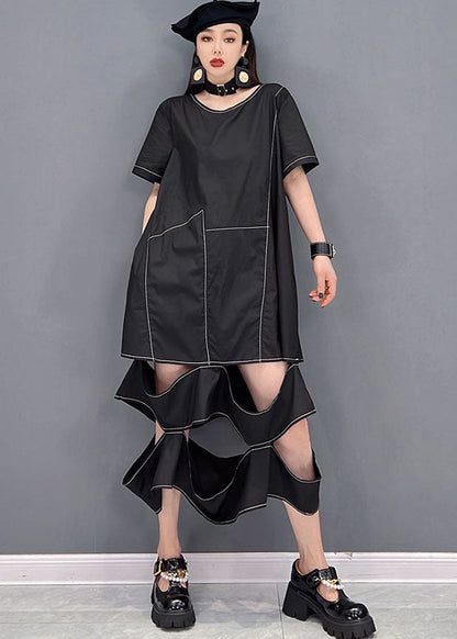 Black O-neck Ripped Patchwork Long Dress Short Sleeve