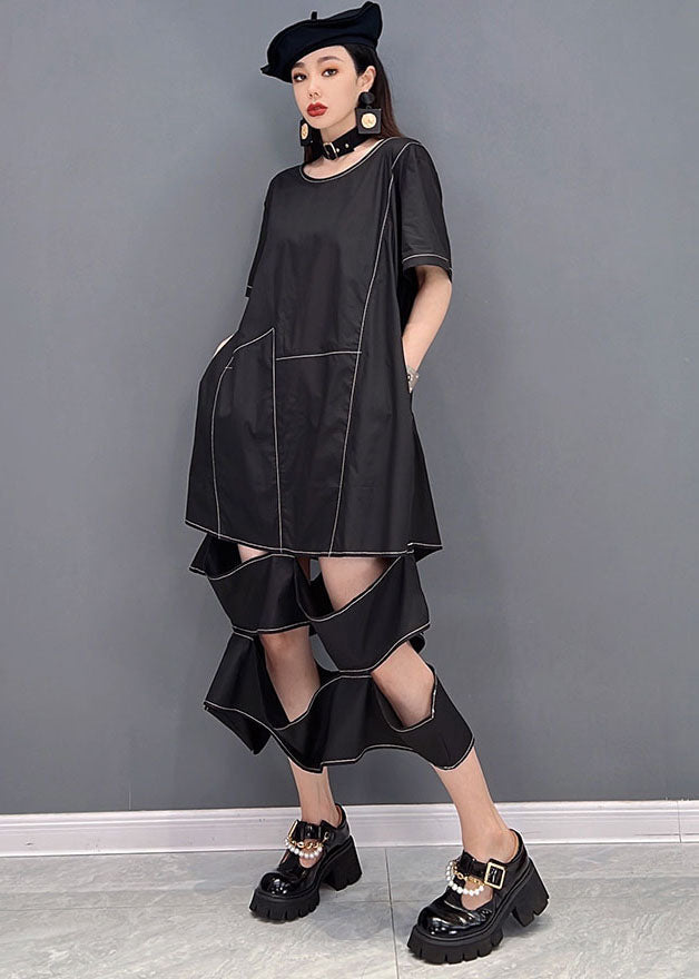 Black O-neck Ripped Patchwork Long Dress Short Sleeve