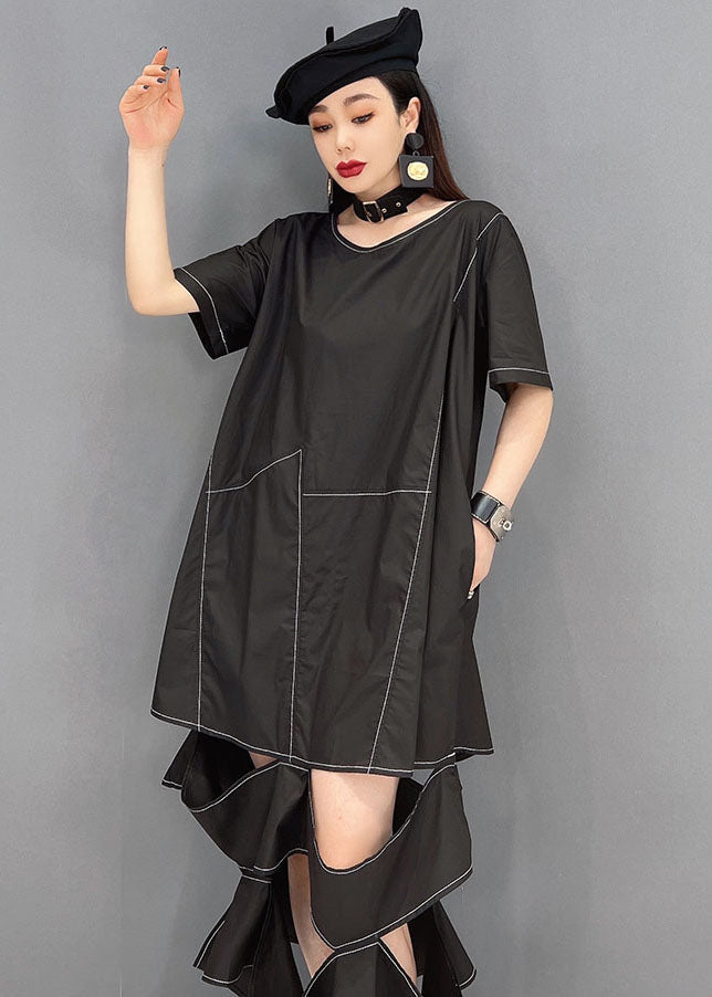 Black O-neck Ripped Patchwork Long Dress Short Sleeve