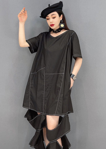 Black O-neck Ripped Patchwork Long Dress Short Sleeve