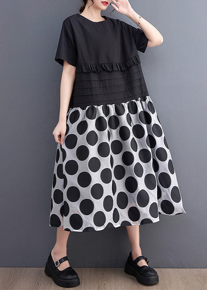 Black O-neck Ruffled Patchwork Print Dot Maxi Dress Short Sleeve