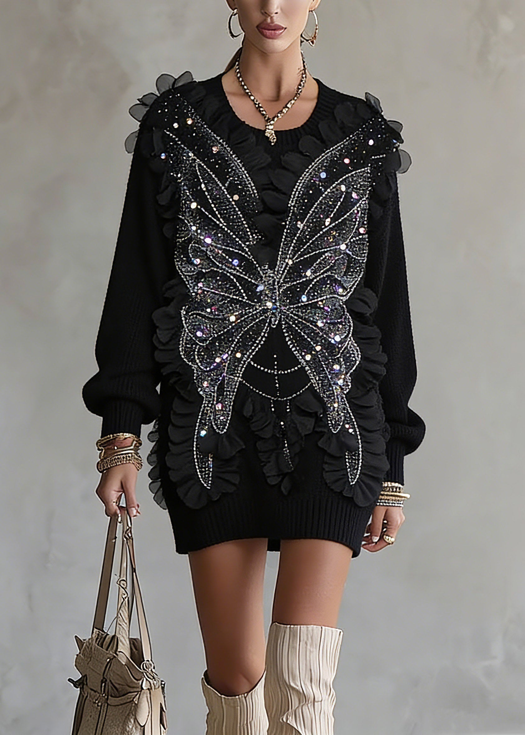 Chic Black O-Neck Sequins Top Lantern Sleeve