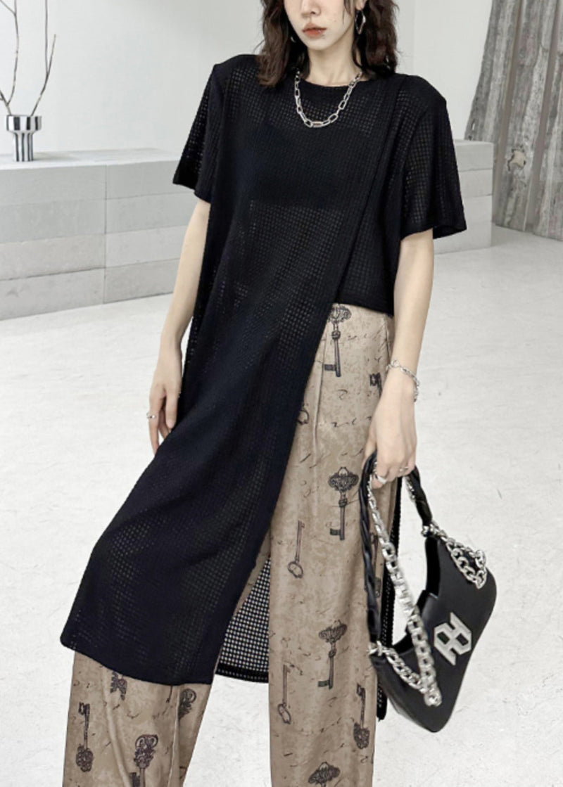 Black O Neck Side Open Patchwork Cotton T Shirt Tops Summer