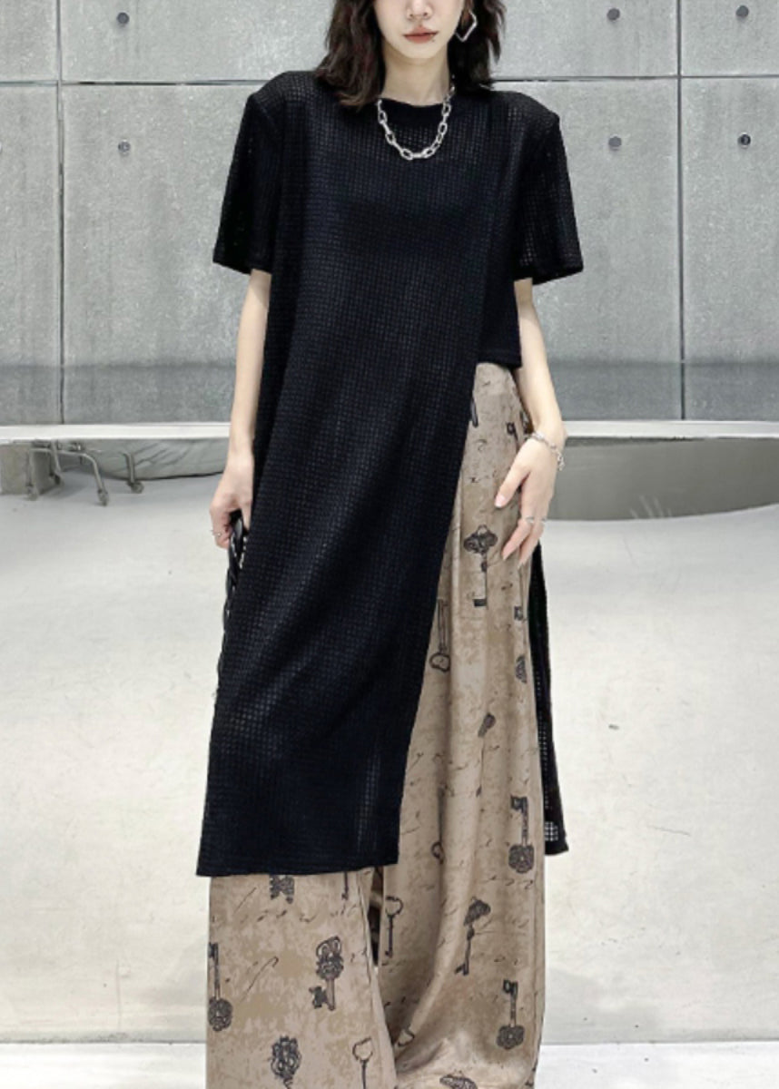 Black O Neck Side Open Patchwork Cotton T Shirt Tops Summer