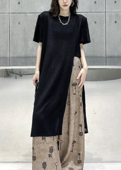 Black O Neck Side Open Patchwork Cotton T Shirt Tops Summer