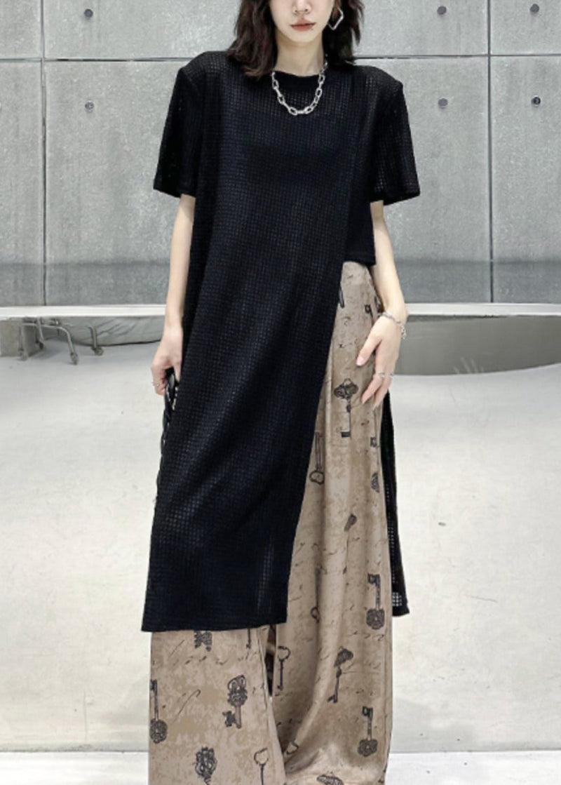 Black O Neck Side Open Patchwork Cotton T Shirt Tops Summer