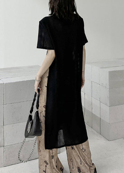 Black O Neck Side Open Patchwork Cotton T Shirt Tops Summer