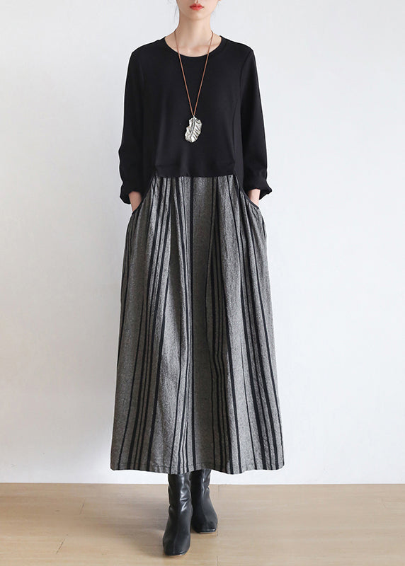 Black O-neck Striped Patchwork Pockets Long Dresses Long Sleeve