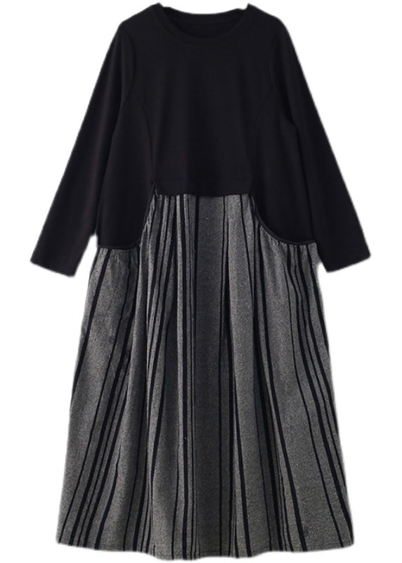 Black O-neck Striped Patchwork Pockets Long Dresses Long Sleeve