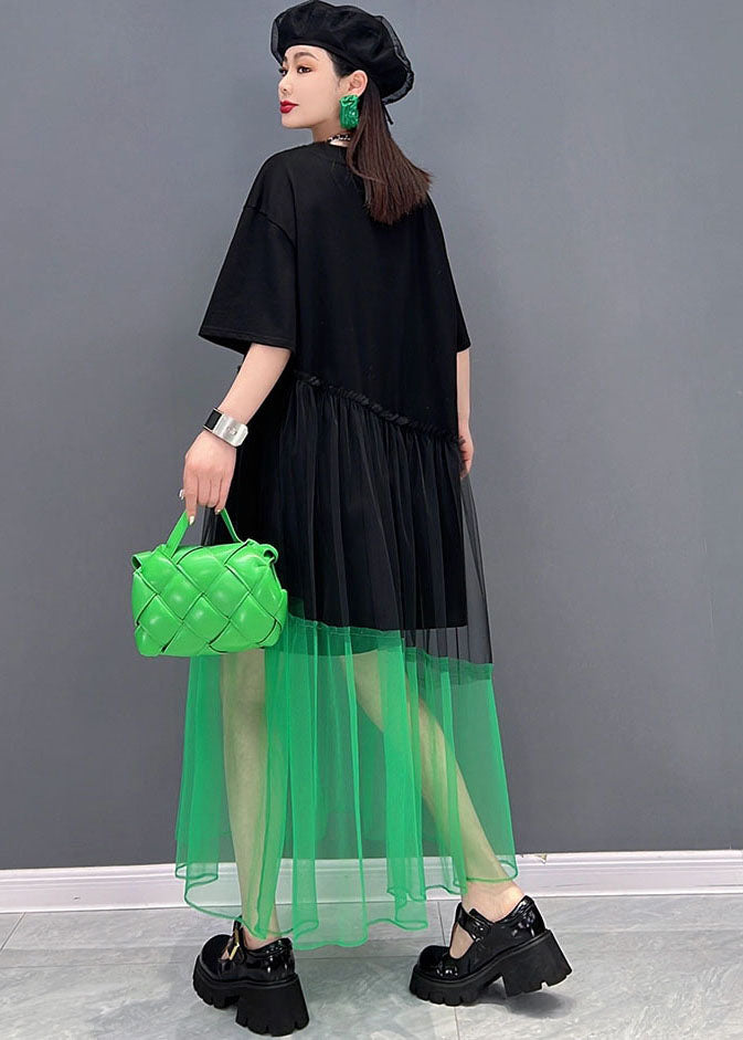 Black O-neck Tulle Patchwork Cotton Robe Dresses Short Sleeve