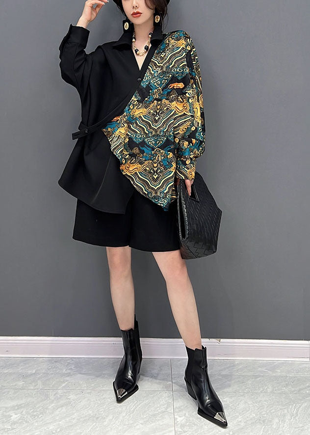 Black Oversized Asymmetrical Design Print Shirt Spring