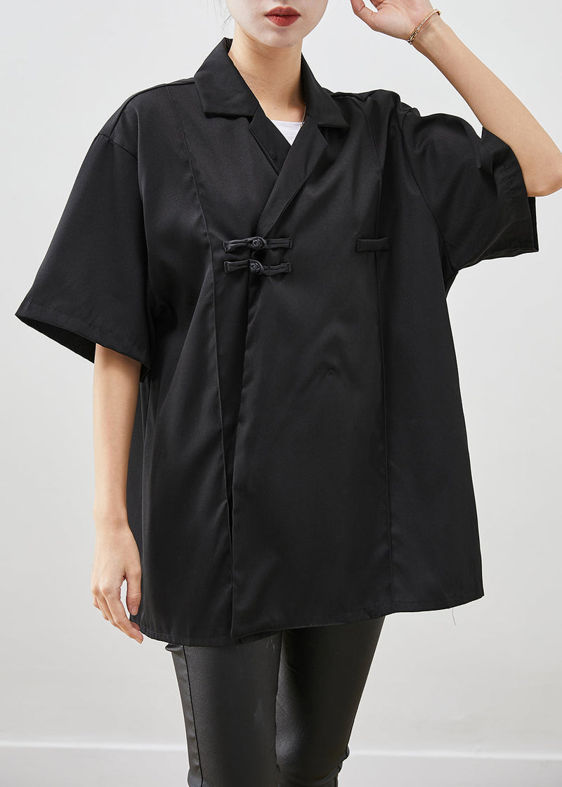 Black Oversized Chinese Button Cotton Shirt Short Sleeve