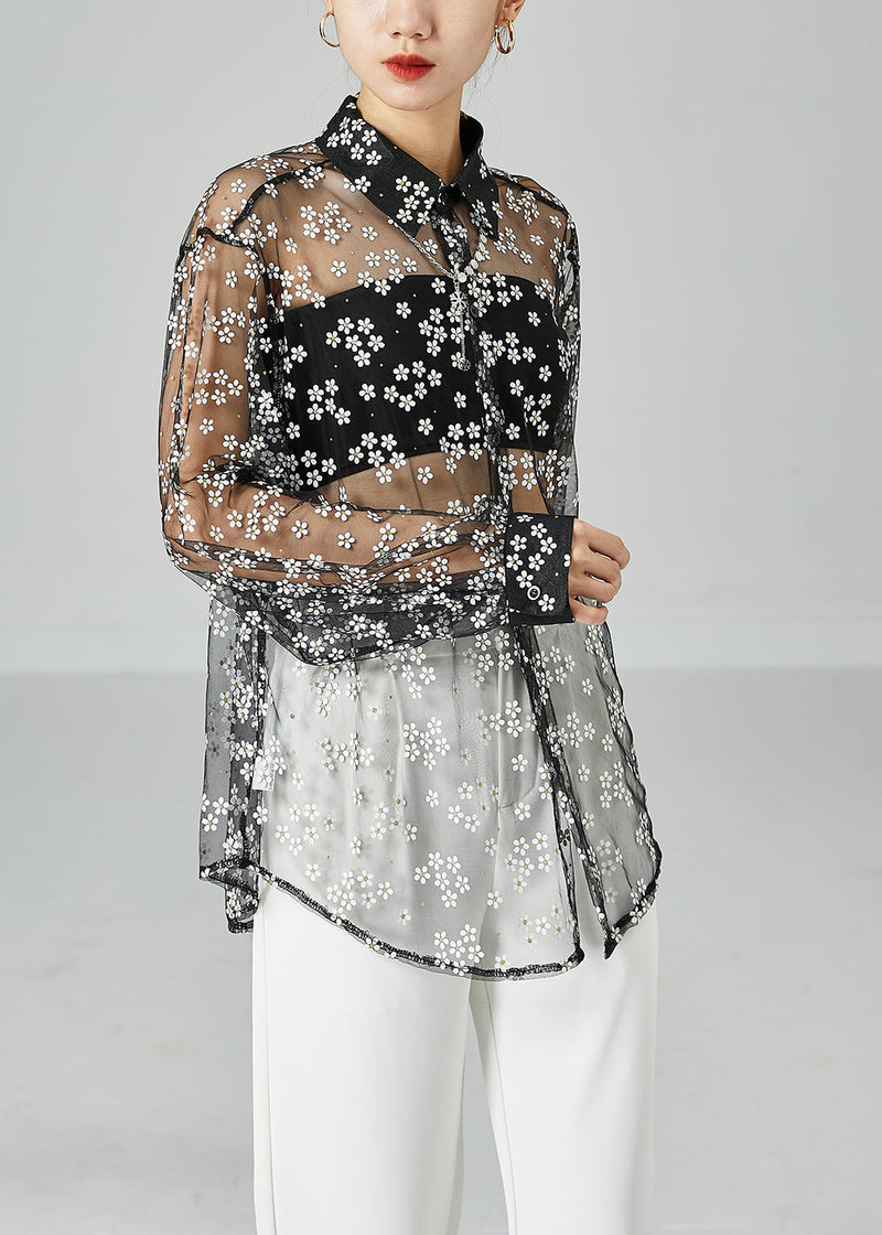 Black Oversized Daisy Tulle Shirts Summer