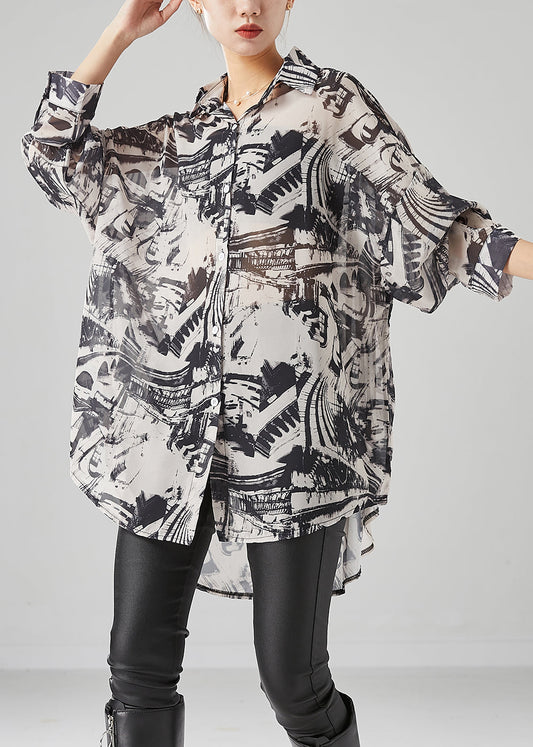 Chic Black Oversized Inkwash Painting Chiffon Blouse Tops Summer