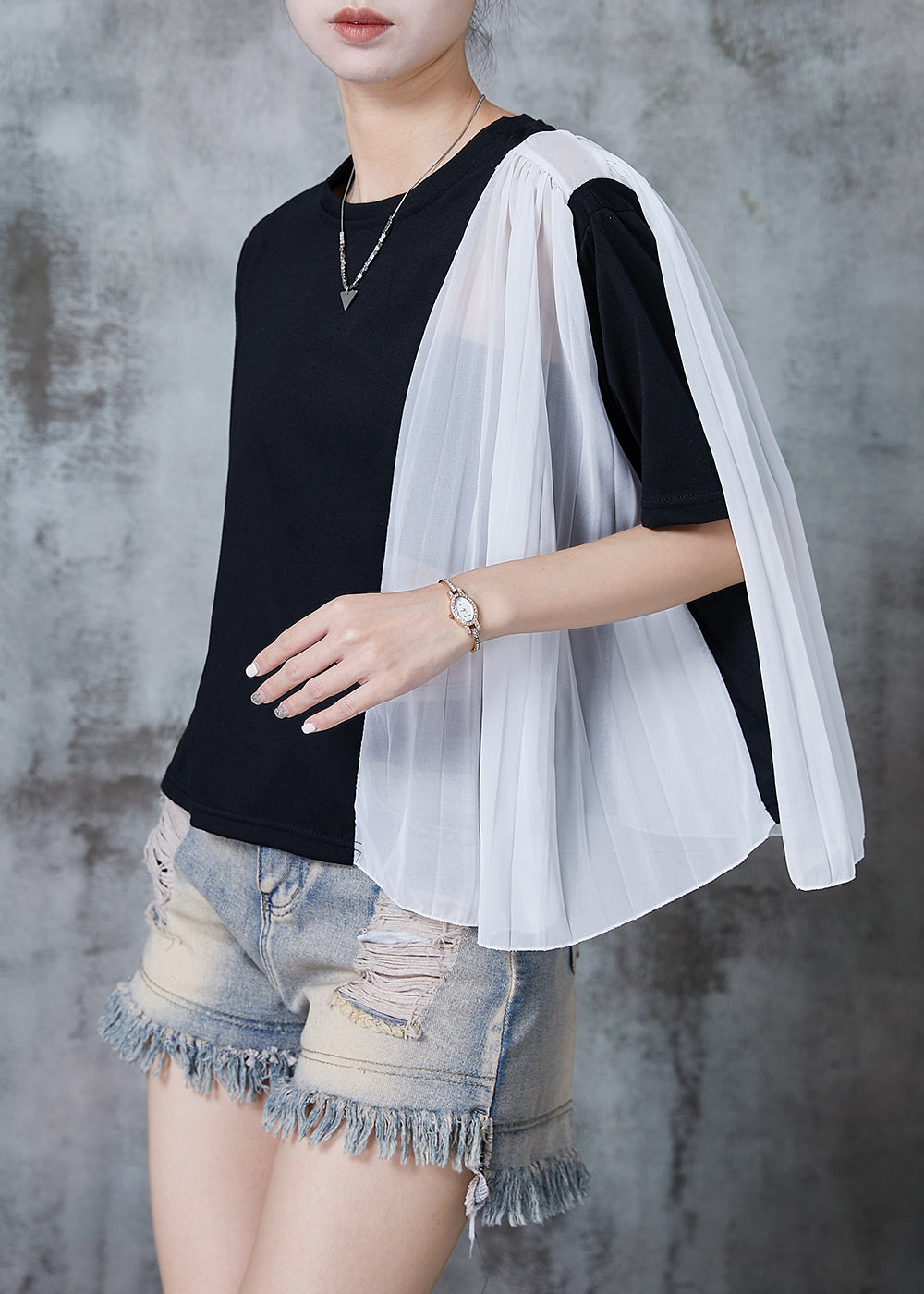 Black Oversized Patchwork Chiffon Tanks Summer