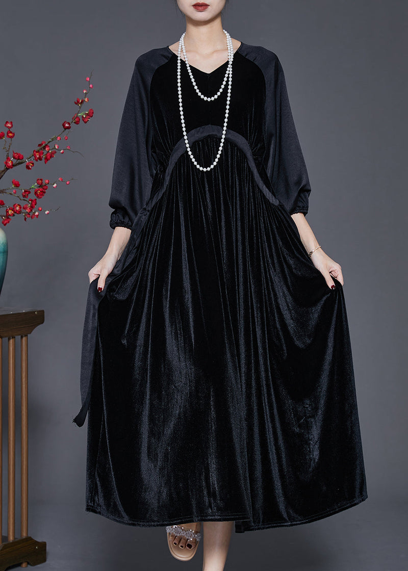 Black Oversized Patchwork Drawstring Silk Velvet Dress Spring