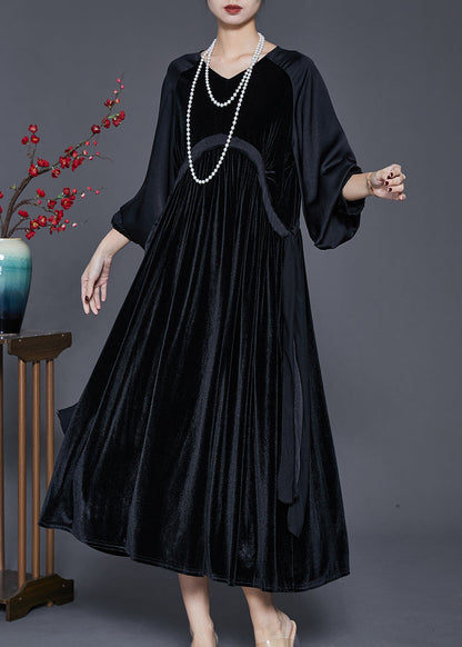 Black Oversized Patchwork Drawstring Silk Velvet Dress Spring