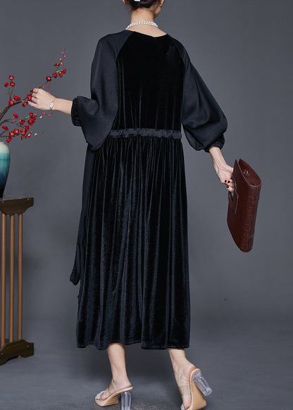 Black Oversized Patchwork Drawstring Silk Velvet Dress Spring
