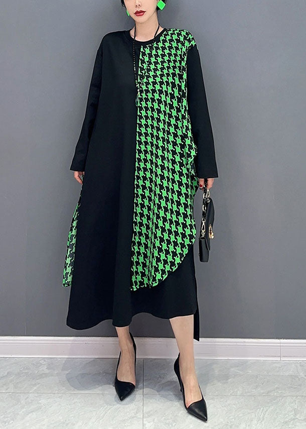 Black Oversized Patchwork Plaid a Line Dress Spring