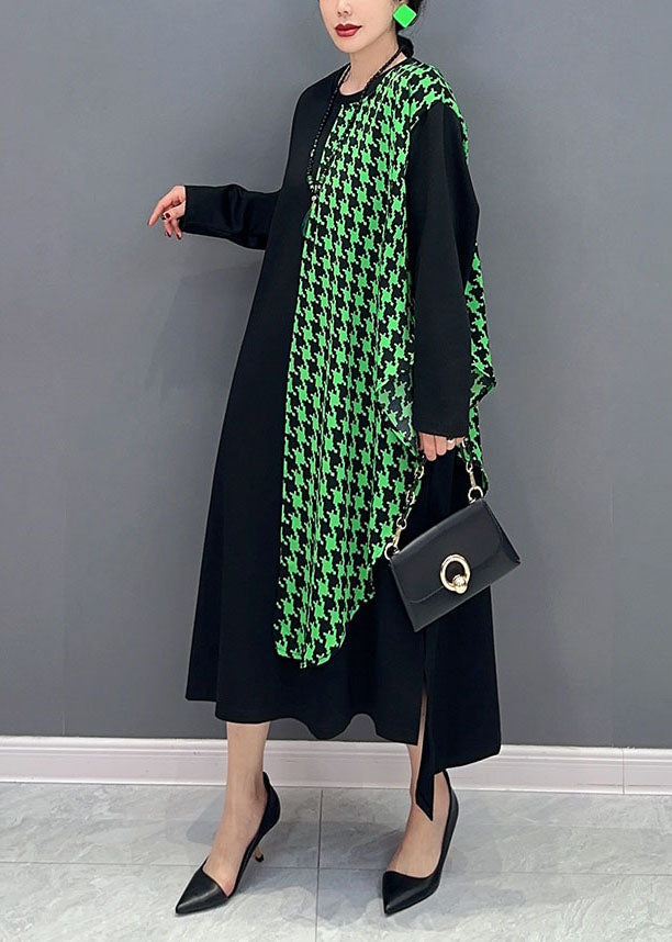 Black Oversized Patchwork Plaid a Line Dress Spring