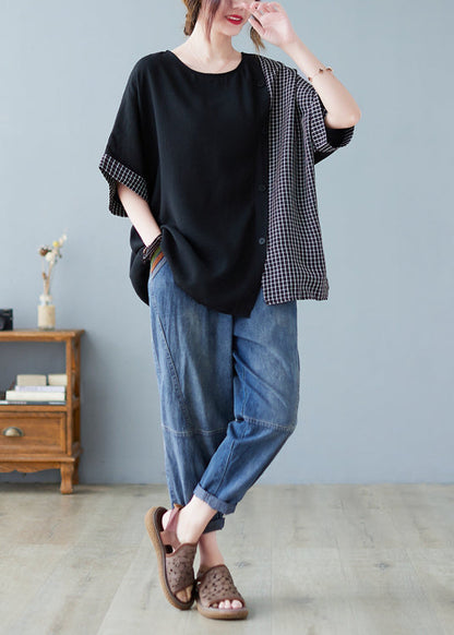Black Oversized Patchwork Plaid Side Open Cotton Tops Summer