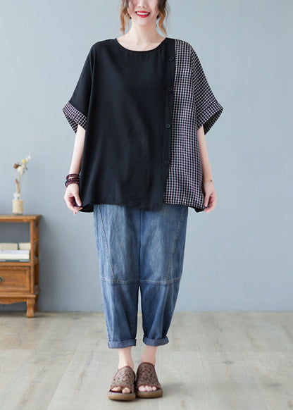 Black Oversized Patchwork Plaid Side Open Cotton Tops Summer