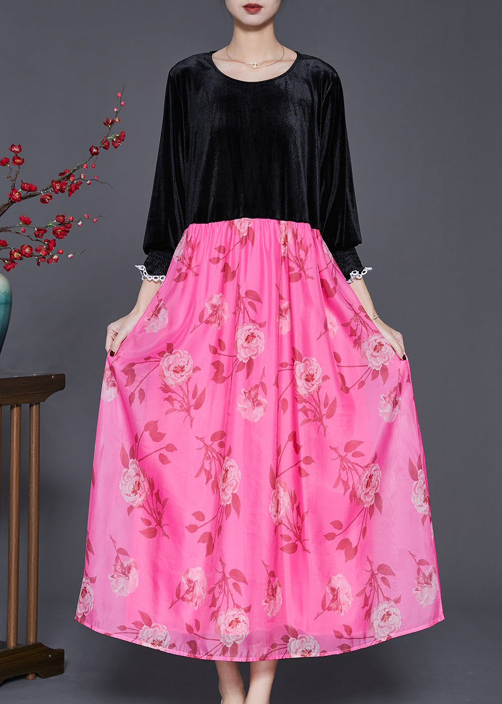 Black Oversized Patchwork Silk Velvet Long Dresses Spring