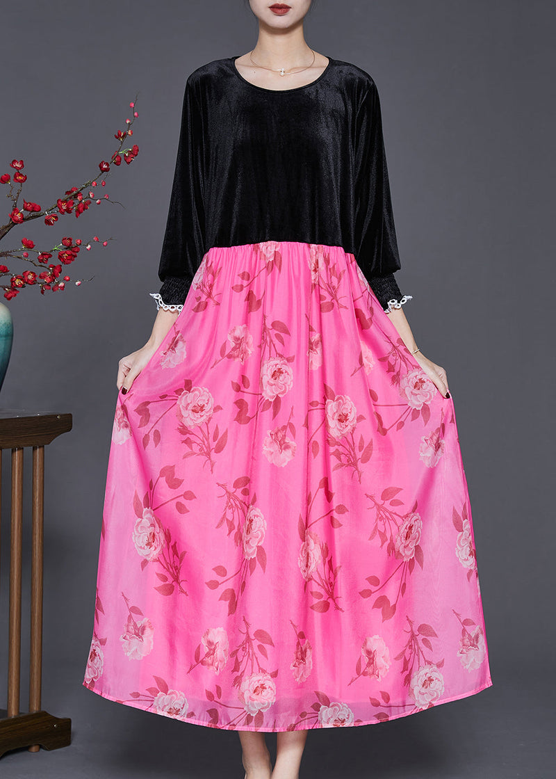 Black Oversized Patchwork Silk Velvet Long Dresses Spring