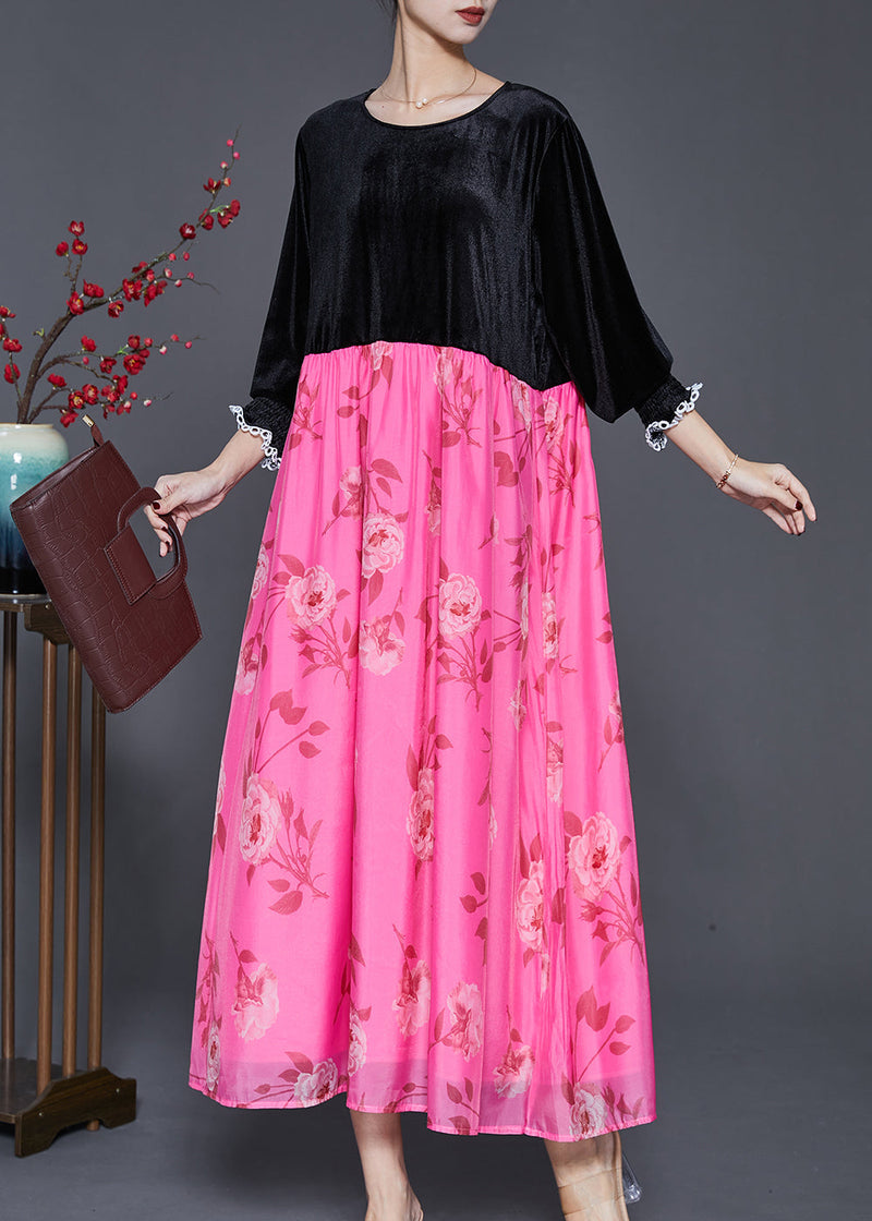 Black Oversized Patchwork Silk Velvet Long Dresses Spring