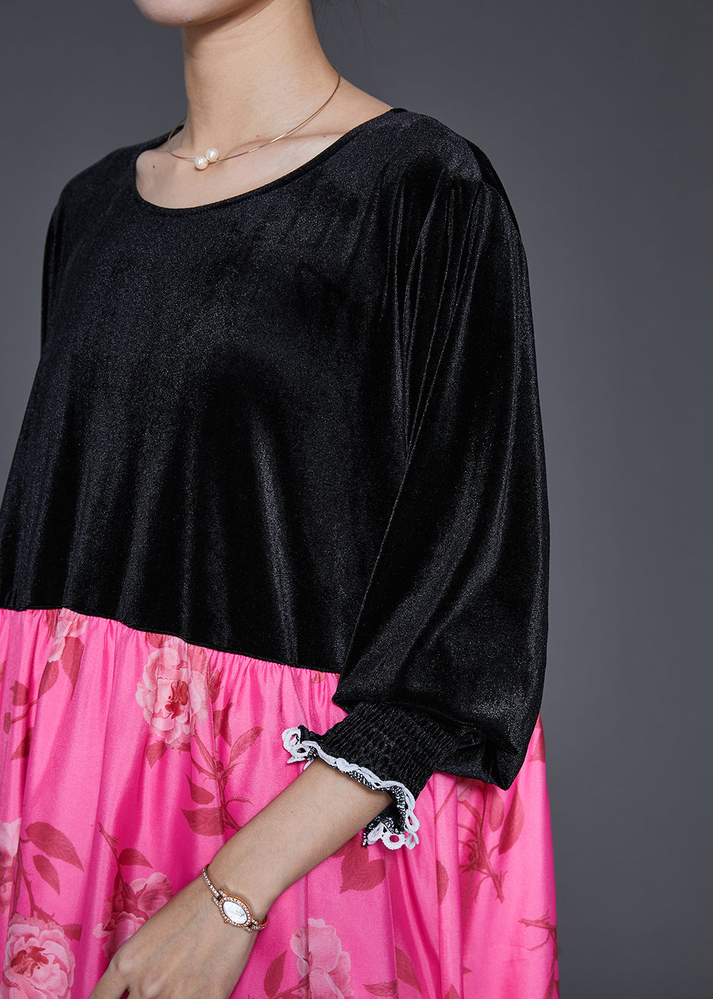 Black Oversized Patchwork Silk Velvet Long Dresses Spring