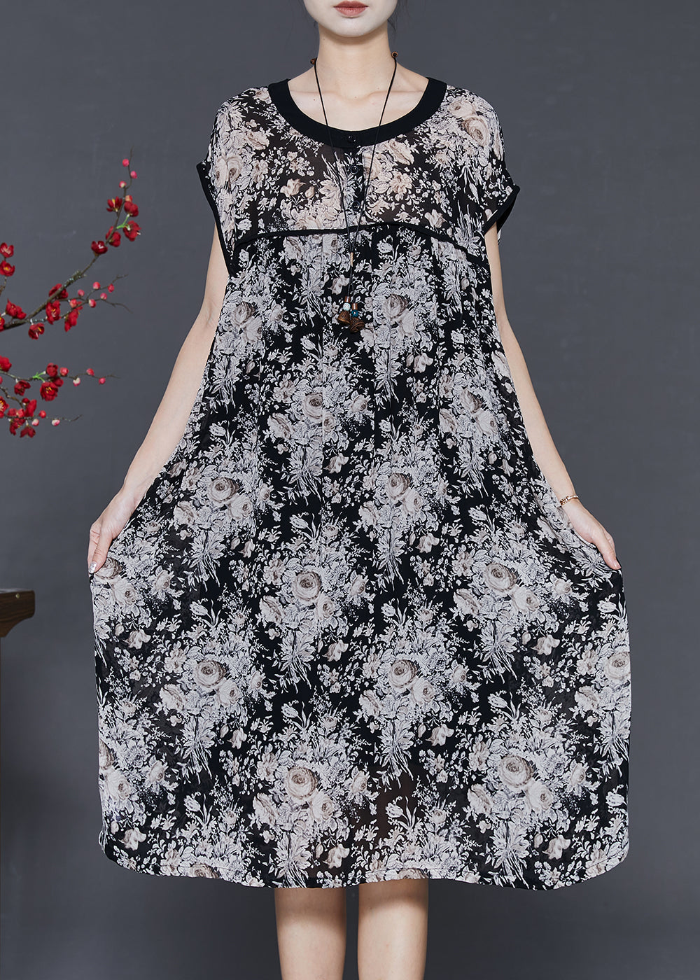 Black Oversized Print Chiffon Maxi Dress Summer