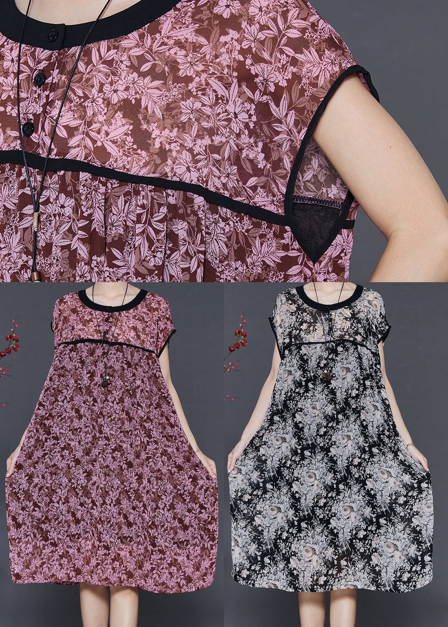 Black Oversized Print Chiffon Maxi Dress Summer