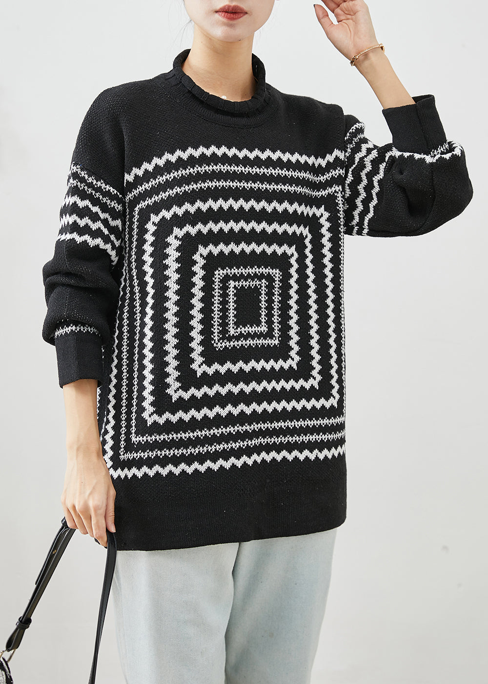 Black Oversized Print Knit Sweaters Winter