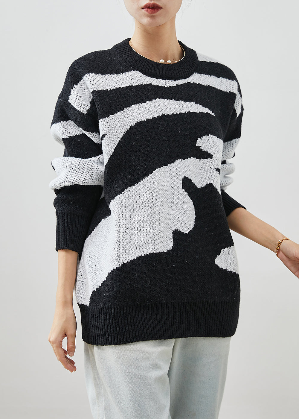 Black Oversized Print Thick Knitted Tops Winter