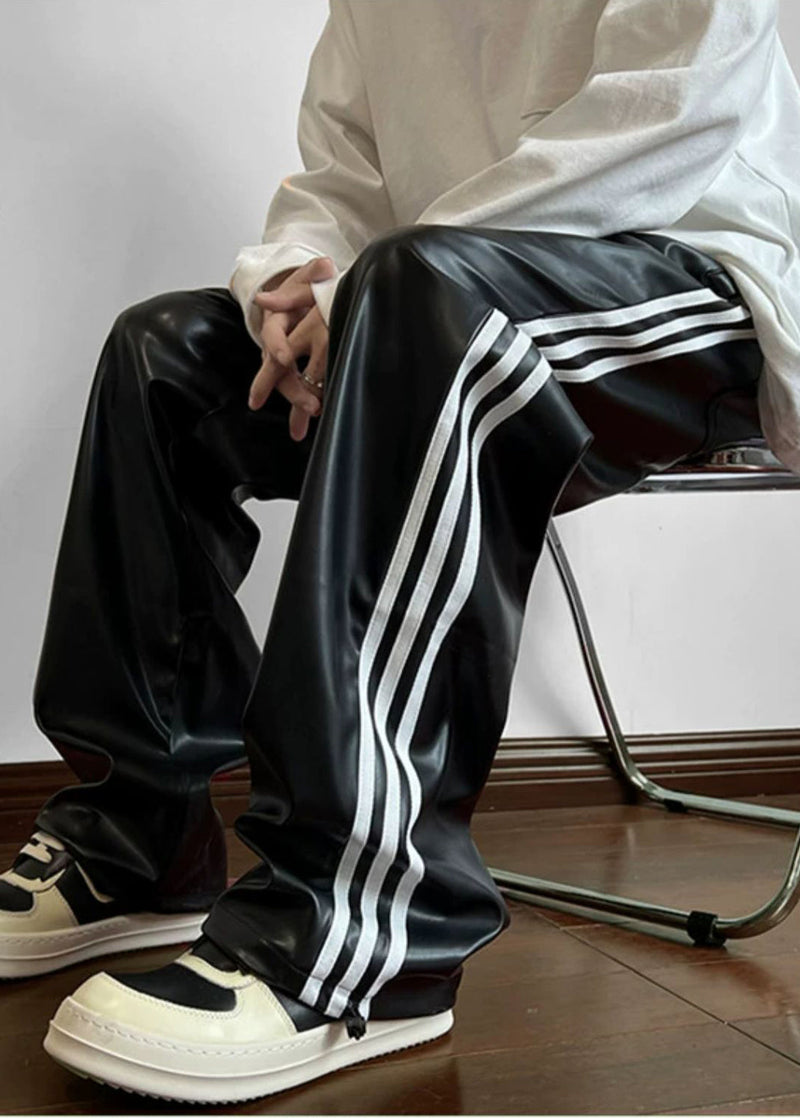 Black Oversized Striped Faux Leather Pants Apparel Spring