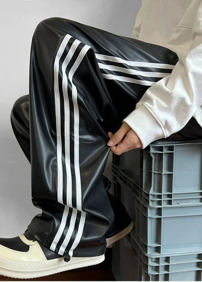 Black Oversized Striped Faux Leather Pants Apparel Spring