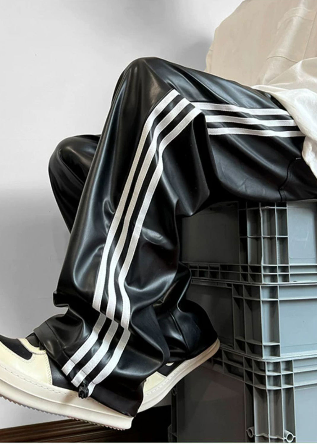 Black Oversized Striped Faux Leather Pants Apparel Spring