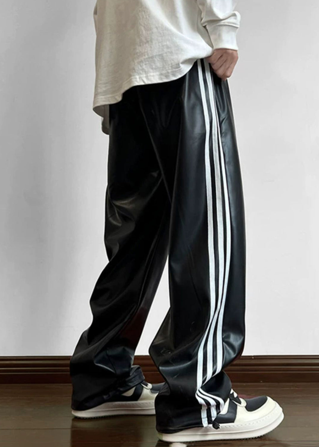 Black Oversized Striped Faux Leather Pants Apparel Spring