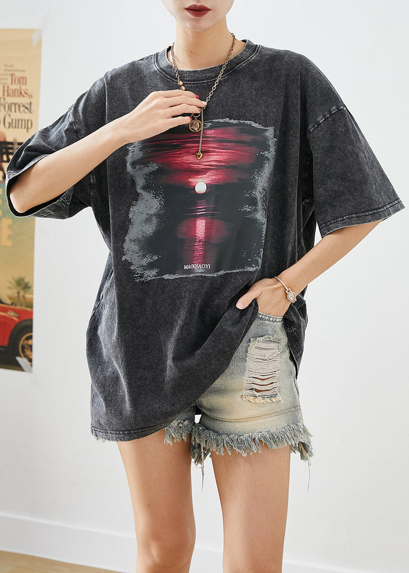 Black Oversized Sunset Print Cotton Tank Tops Summer