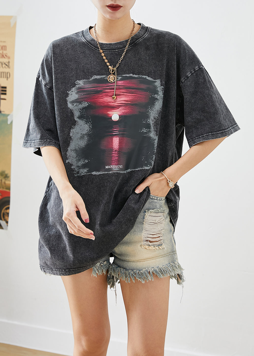 Black Oversized Sunset Print Cotton Tank Tops Summer
