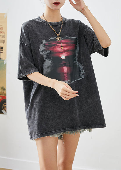 Black Oversized Sunset Print Cotton Tank Tops Summer